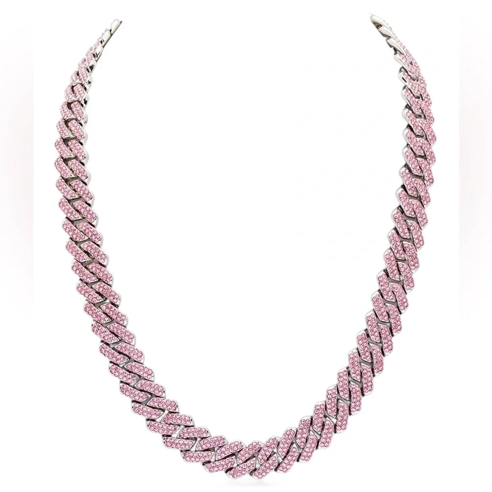20” Pink Rhinestone Cuban Chain Statement Necklace